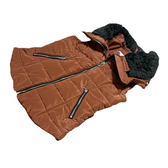 H&M Bronze Brown Puffer Vest Sleeveless Jacket Size Small Faux Fur Collar Zipper - Picture 2 of 7